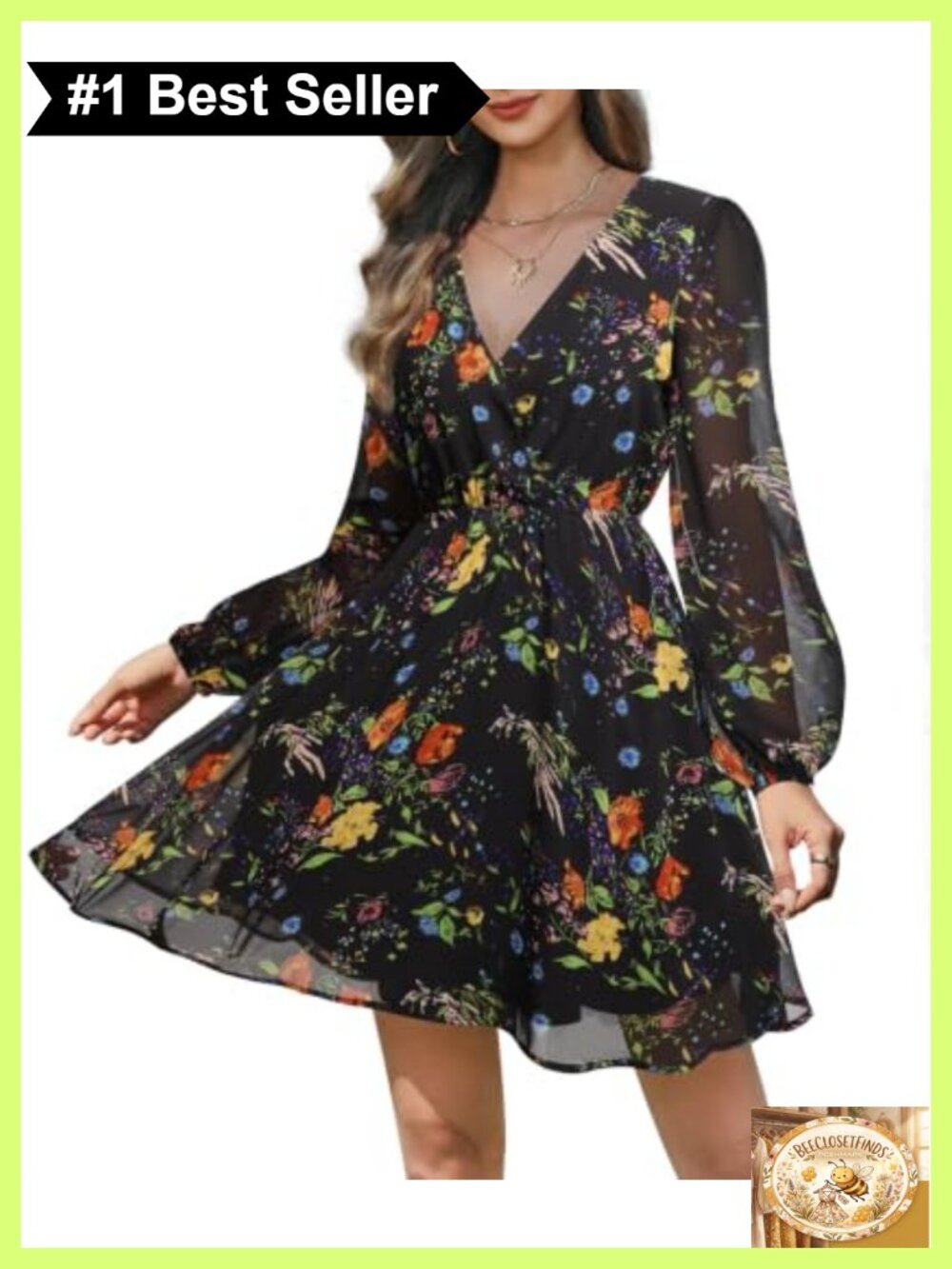 Women Long Sleeve Chiffon Floral Mini Dress Wedding Guest